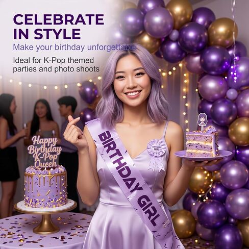 for K-Pop Purple Birthday Girl Sash & Badge Pin Set Party Accessory | K-Pop Theme Purple Crack Lightning Pattern 2-in-1 Costume Badge & Sash for Korea-pop Happy Birthday Party Decoration Favors in Saudi Arabia
