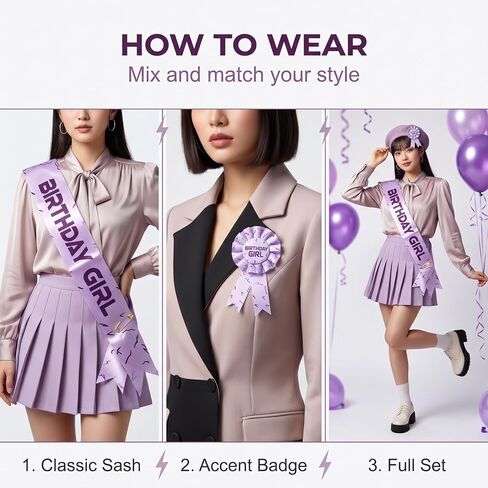 for K-Pop Purple Birthday Girl Sash & Badge Pin Set Party Accessory | K-Pop Theme Purple Crack Lightning Pattern 2-in-1 Costume Badge & Sash for Korea-pop Happy Birthday Party Decoration Favors in Saudi Arabia