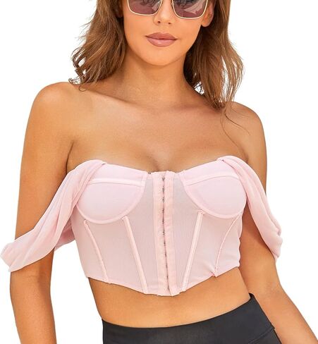 EverLove Corset Crop Tops For Women Fashion Night Out Mesh Off Shoulder Overbust Bustier Camis in Saudi Arabia