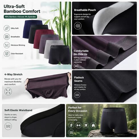 6-Pack Mens Bamboo Viscose Boxer Briefs Soft Breathable Stretch Trunks Comfortable Underwear for Men in Kuwait