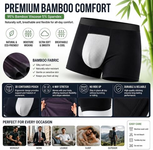 6-Pack Mens Bamboo Viscose Boxer Briefs Soft Breathable Stretch Trunks Comfortable Underwear for Men in Kuwait