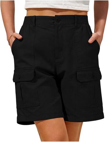 Cargo Shorts Women Elastic Waist Flap Pocket Front Short Athletic Workout Stretch Outdoor Crop Pant Running Joggers in Kuwait