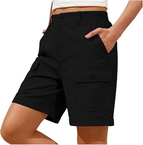Cargo Shorts Women Elastic Waist Flap Pocket Front Short Athletic Workout Stretch Outdoor Crop Pant Running Joggers in Kuwait