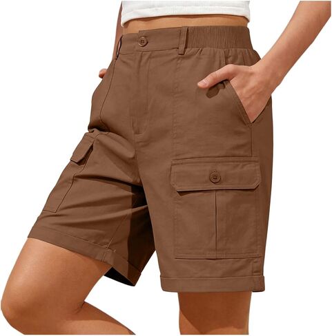 Cargo Shorts Women Elastic Waist Flap Pocket Front Short Athletic Workout Stretch Outdoor Crop Pant Running Joggers in Kuwait