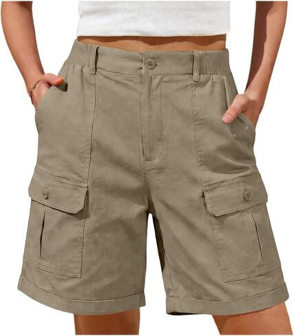 Cargo Shorts Women Elastic Waist Flap Pocket Front Short Athletic Workout Stretch Outdoor Crop Pant Running Joggers in Kuwait