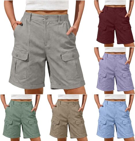 Cargo Shorts Women Elastic Waist Flap Pocket Front Short Athletic Workout Stretch Outdoor Crop Pant Running Joggers in Kuwait