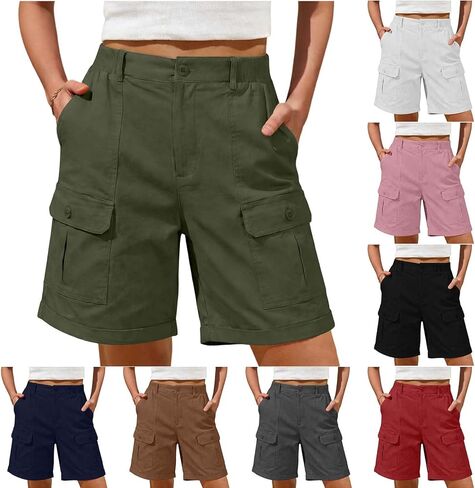Cargo Shorts Women Elastic Waist Flap Pocket Front Short Athletic Workout Stretch Outdoor Crop Pant Running Joggers in Kuwait