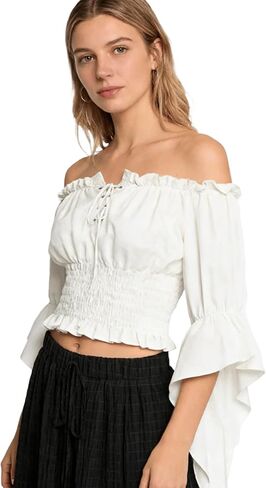 Womens Renaissance Blouse Peasant Corset Tops Off Shoulder Trumpet Sleeve Tops in Kuwait