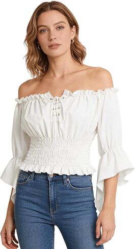Womens Renaissance Blouse Peasant Corset Tops Off Shoulder Trumpet Sleeve Tops in Kuwait