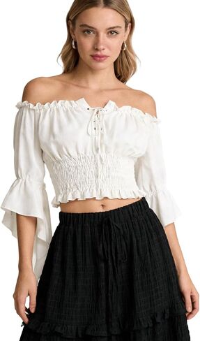 Womens Renaissance Blouse Peasant Corset Tops Off Shoulder Trumpet Sleeve Tops in Kuwait