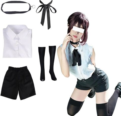 Women's Reze Costume, White Top, Black Pants Uniform, Halloween Full Set in Kuwait