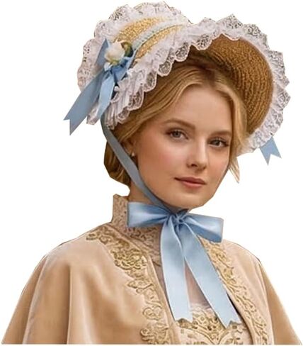 Victorian Womens Tea Party Sun Hat Lolita Bows Florals Flat Straw Hats Womens Wide Brim Sun Hat with Wind Lanyard in Saudi Arabia