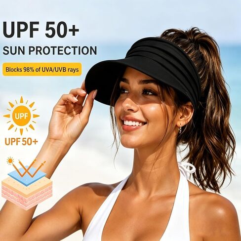 Women's UPF 50+ UV Protection Sun Visor Hat, 2026 Sun Visors for Women, Wide Brim Lightweight Foldable Ponytail Cap in Kuwait