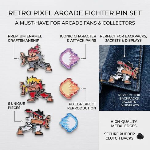 Retro Pixel Fighter Enamel Pins Set, 6 Pcs Classic 8-Bit Game Character & Fireball Enamel Lapel Pins, Cool Collectible Brooches for Backpacks, Jackets, Hats, Gaming Fans & Gamer Gifts in Saudi Arabia