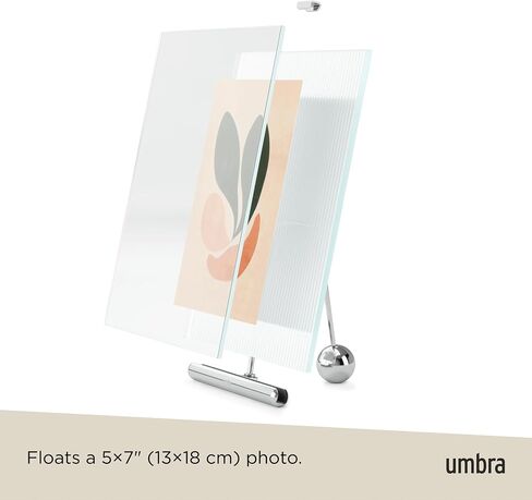 إطار صورة عائم Umbra Flute 5x7 - إطار صور زجاجي حديث مع دعامة مضلعة وحامل مدمج، شاشة عرض على سطح الطاولة للصور أو الأعمال الفنية - كروم in Kuwait