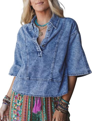 Omoone Denim Top for Women Oversized Cropped 3/4 Sleeve Boho Casual Collared Denim Jean Blouses Shirt Pullover Tops in Saudi Arabia