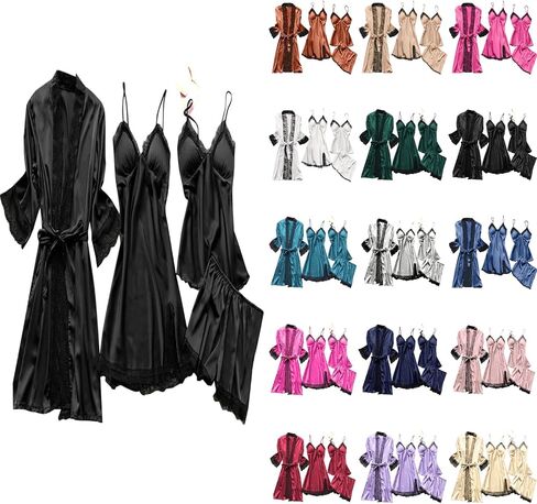 Ladies Pajamas Sets With Robe Satin Lingeries Silk Lounge Sets 4 Piece Sexy Pjs Cami Shorts Sleepwear Lace Loungewear in Saudi Arabia