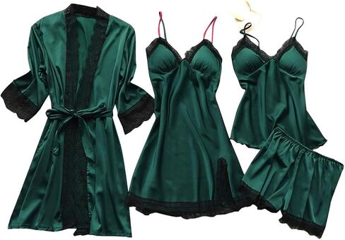 Ladies Pajamas Sets With Robe Satin Lingeries Silk Lounge Sets 4 Piece Sexy Pjs Cami Shorts Sleepwear Lace Loungewear in Kuwait