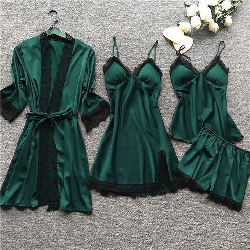 Ladies Pajamas Sets With Robe Satin Lingeries Silk Lounge Sets 4 Piece Sexy Pjs Cami Shorts Sleepwear Lace Loungewear in Kuwait