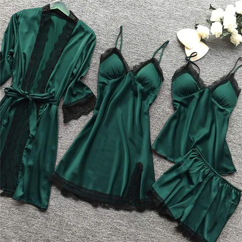 Ladies Pajamas Sets With Robe Satin Lingeries Silk Lounge Sets 4 Piece Sexy Pjs Cami Shorts Sleepwear Lace Loungewear in Kuwait