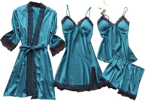Ladies Pajamas Sets With Robe Satin Lingeries Silk Lounge Sets 4 Piece Sexy Pjs Cami Shorts Sleepwear Lace Loungewear in Kuwait