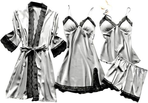 Ladies Pajamas Sets With Robe Satin Lingeries Silk Lounge Sets 4 Piece Sexy Pjs Cami Shorts Sleepwear Lace Loungewear in Kuwait