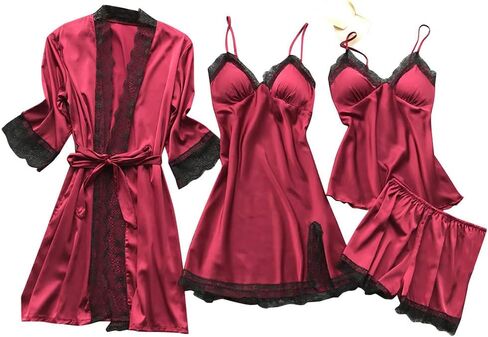Ladies Pajamas Sets With Robe Satin Lingeries Silk Lounge Sets 4 Piece Sexy Pjs Cami Shorts Sleepwear Lace Loungewear in Kuwait