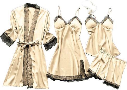 Ladies Pajamas Sets With Robe Satin Lingeries Silk Lounge Sets 4 Piece Sexy Pjs Cami Shorts Sleepwear Lace Loungewear in Kuwait