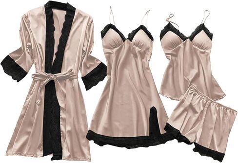 Ladies Pajamas Sets With Robe Satin Lingeries Silk Lounge Sets 4 Piece Sexy Pjs Cami Shorts Sleepwear Lace Loungewear in Kuwait