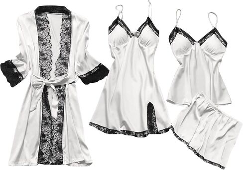Ladies Pajamas Sets With Robe Satin Lingeries Silk Lounge Sets 4 Piece Sexy Pjs Cami Shorts Sleepwear Lace Loungewear in Kuwait