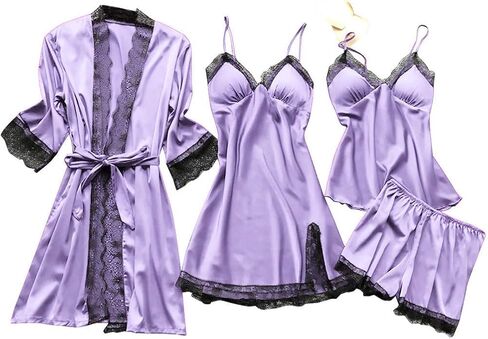 Ladies Pajamas Sets With Robe Satin Lingeries Silk Lounge Sets 4 Piece Sexy Pjs Cami Shorts Sleepwear Lace Loungewear in Kuwait