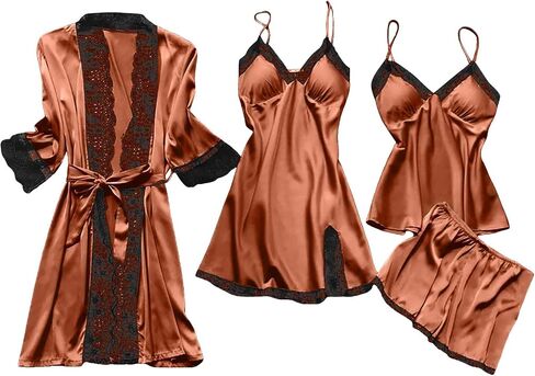 Ladies Pajamas Sets With Robe Satin Lingeries Silk Lounge Sets 4 Piece Sexy Pjs Cami Shorts Sleepwear Lace Loungewear in Kuwait