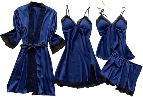 Ladies Pajamas Sets With Robe Satin Lingeries Silk Lounge Sets 4 Piece Sexy Pjs Cami Shorts Sleepwear Lace Loungewear in Kuwait