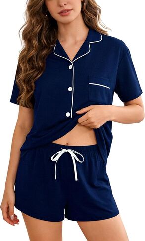 Womens Button Down Pajamas Set 2 Piece Short Sleeve Sleepwear Bride Soft Pj Lounge Sets S-XL in Kuwait