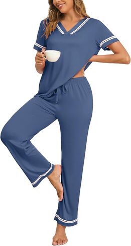 iChunhua Womens Pajama Sets V-Neck Lace Trim Tops and Elastic Wide Leg Pants Summer Nightwear Sets with Pockets S-XXL in Saudi Arabia