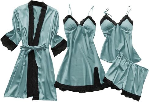 Ladies Pajamas Sets With Robe Satin Lingeries Silk Lounge Sets 4 Piece Sexy Pjs Cami Shorts Sleepwear Lace Loungewear in Kuwait