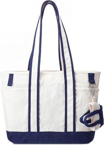 Collegiate Canvas Tote Bag with Cup Holder Navy Blue Reusable Shoulder Bag External Pocket for Women Travel Work DIY Handbag in Saudi Arabia