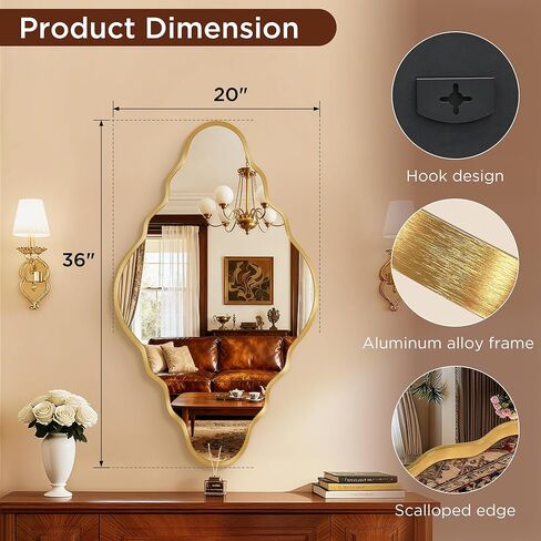 Dorlicecass Vintage Gold Scalloped Mirror 36"x20" Irregular Wall Mirror,Abstract Asymmetrical Brushed Aluminum Alloy Frame,Decorative Antique Wall Mirrors for Bathroom,Bedroom,Living Room,Entryway x1 in Saudi Arabia
