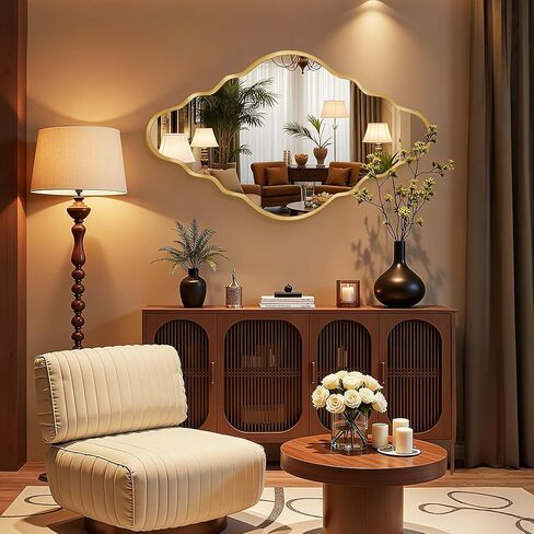 Dorlicecass Vintage Gold Scalloped Mirror 36"x20" Irregular Wall Mirror,Abstract Asymmetrical Brushed Aluminum Alloy Frame,Decorative Antique Wall Mirrors for Bathroom,Bedroom,Living Room,Entryway x1 in Saudi Arabia