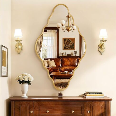 Dorlicecass Vintage Gold Scalloped Mirror 36"x20" Irregular Wall Mirror,Abstract Asymmetrical Brushed Aluminum Alloy Frame,Decorative Antique Wall Mirrors for Bathroom,Bedroom,Living Room,Entryway x1 in Saudi Arabia