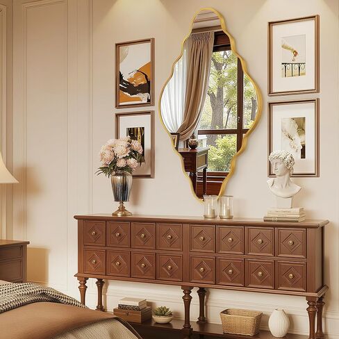 Dorlicecass Vintage Gold Scalloped Mirror 36"x20" Irregular Wall Mirror,Abstract Asymmetrical Brushed Aluminum Alloy Frame,Decorative Antique Wall Mirrors for Bathroom,Bedroom,Living Room,Entryway x1 in Saudi Arabia