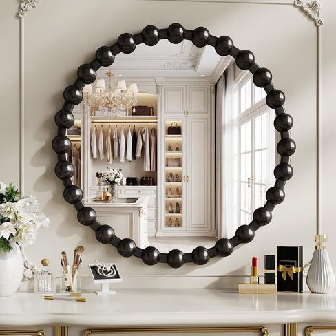 Round Vanity Mirror with Beaded Frame, 36 Inch Circle Wall Mirror for Bedroom Dresser, Entryway, Bathroom, Living Room, Decorative Hanging Wall Mirror, Black in Saudi Arabia