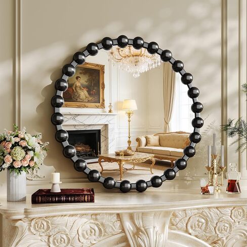 Round Vanity Mirror with Beaded Frame, 36 Inch Circle Wall Mirror for Bedroom Dresser, Entryway, Bathroom, Living Room, Decorative Hanging Wall Mirror, Black in Saudi Arabia