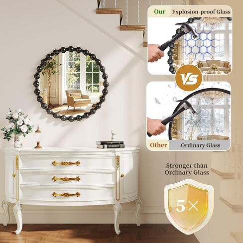 Round Vanity Mirror with Beaded Frame, 36 Inch Circle Wall Mirror for Bedroom Dresser, Entryway, Bathroom, Living Room, Decorative Hanging Wall Mirror, Black in Saudi Arabia
