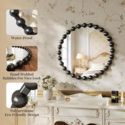 Round Vanity Mirror with Beaded Frame, 36 Inch Circle Wall Mirror for Bedroom Dresser, Entryway, Bathroom, Living Room, Decorative Hanging Wall Mirror, Black in Saudi Arabia