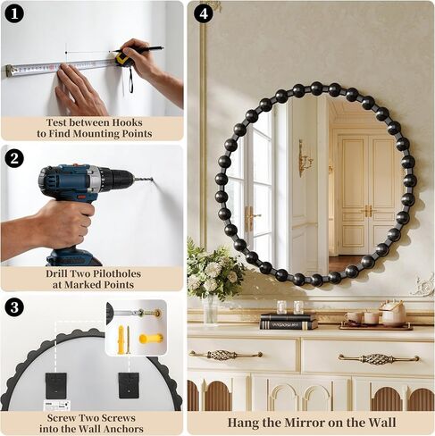Round Vanity Mirror with Beaded Frame, 36 Inch Circle Wall Mirror for Bedroom Dresser, Entryway, Bathroom, Living Room, Decorative Hanging Wall Mirror, Black in Saudi Arabia