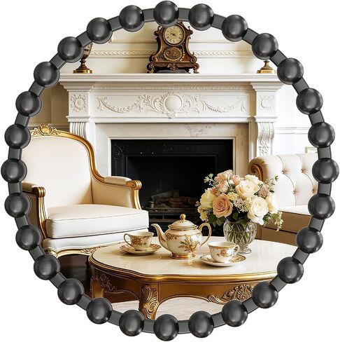Round Vanity Mirror with Beaded Frame, 36 Inch Circle Wall Mirror for Bedroom Dresser, Entryway, Bathroom, Living Room, Decorative Hanging Wall Mirror, Black in Saudi Arabia