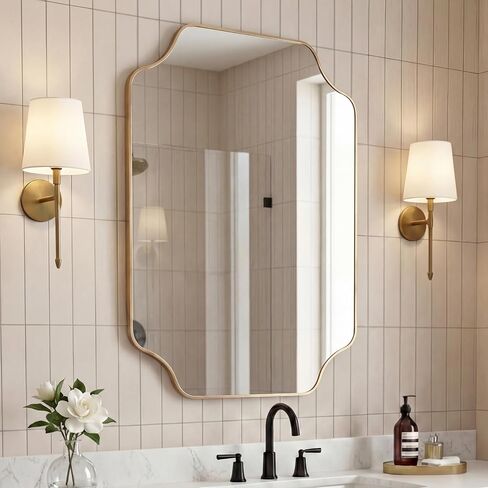 JONATHAN Y Alora Gold Scalloped Rectangular Metal Framed Wall Mounted Mirror 24" x 36" Arched Corners Iron for Bathroom Vanity Entryway Horizontal or Vertical Hanging MIR215A in Kuwait
