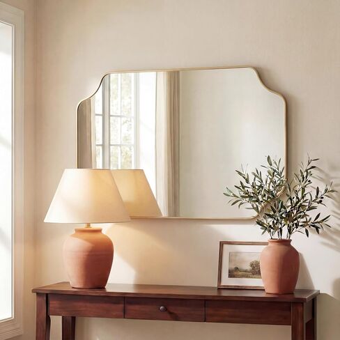 JONATHAN Y Alora Gold Scalloped Rectangular Metal Framed Wall Mounted Mirror 24" x 36" Arched Corners Iron for Bathroom Vanity Entryway Horizontal or Vertical Hanging MIR215A in Kuwait