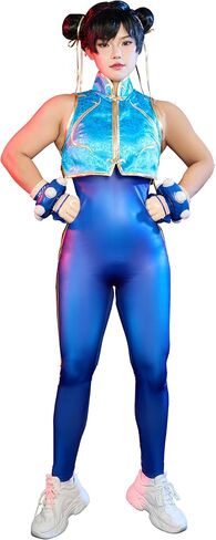 بذلة Micotaku Street Fighter النسائية الكلاسيكية المرخصة رسميًا من Chun-Li Cosplay من الساتان مع تطريز ذهبي in Kuwait